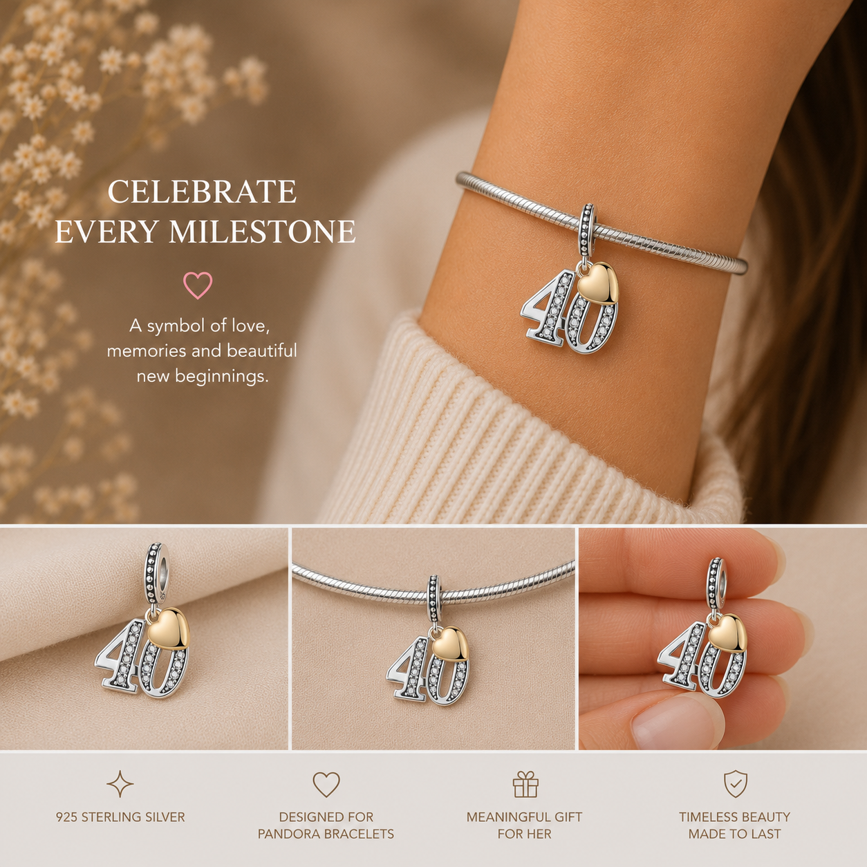Silver bracelet with '40' charm worn on wrist, surrounded by text and additional views of the charm.