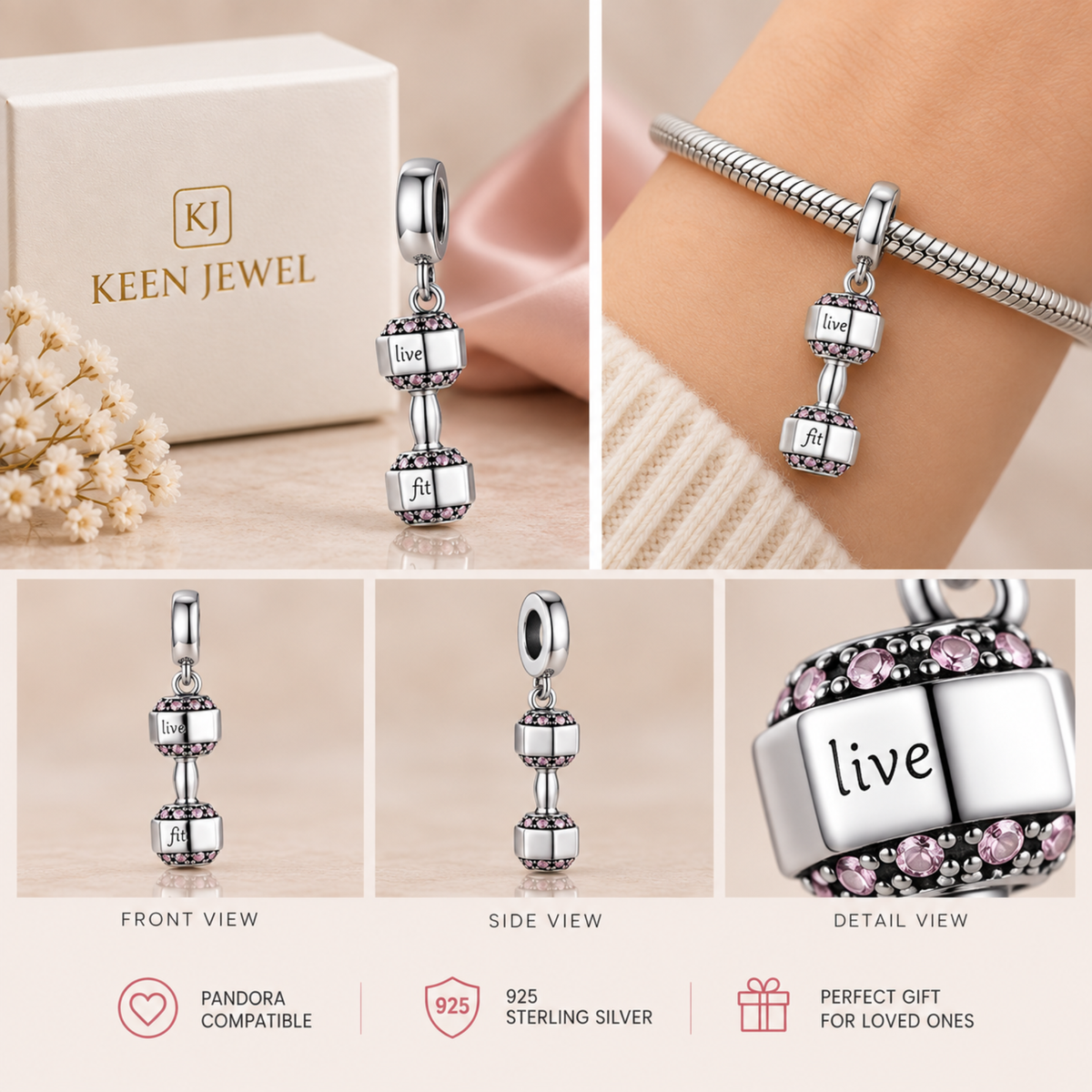 Live Fit Charm For Pandora Bracelet, Dummbble Charm For Charm Bracelet, Gifts For Her, Mothers Day Gifts, Daughter Gifts, Best Friend Gifts