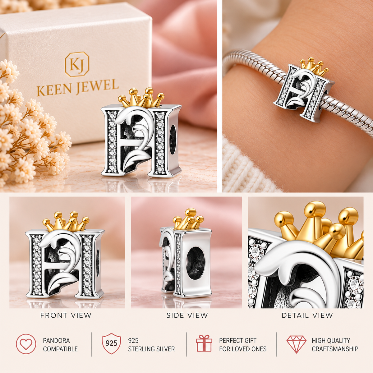 H letter crown charm with Keen Jewel gift box - front, side and detail view