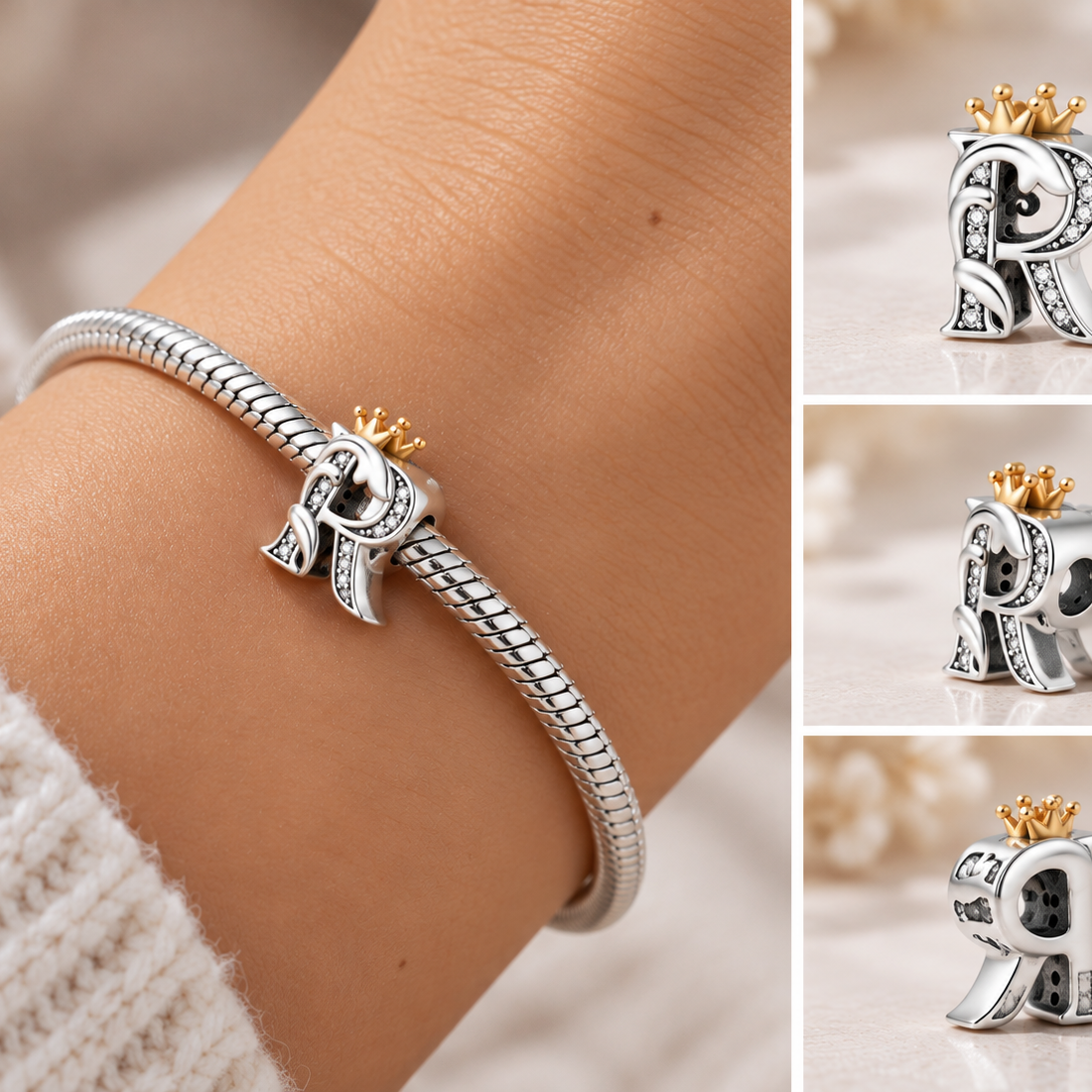 Silver R letter crown charm worn on a snake-chain charm bracelet, with close-up views
