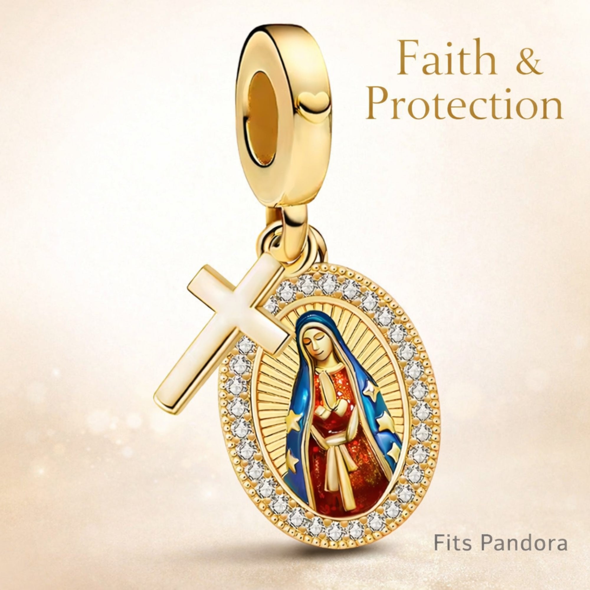Gold pendant with religious design and 'Faith & Protection' text on a beige background