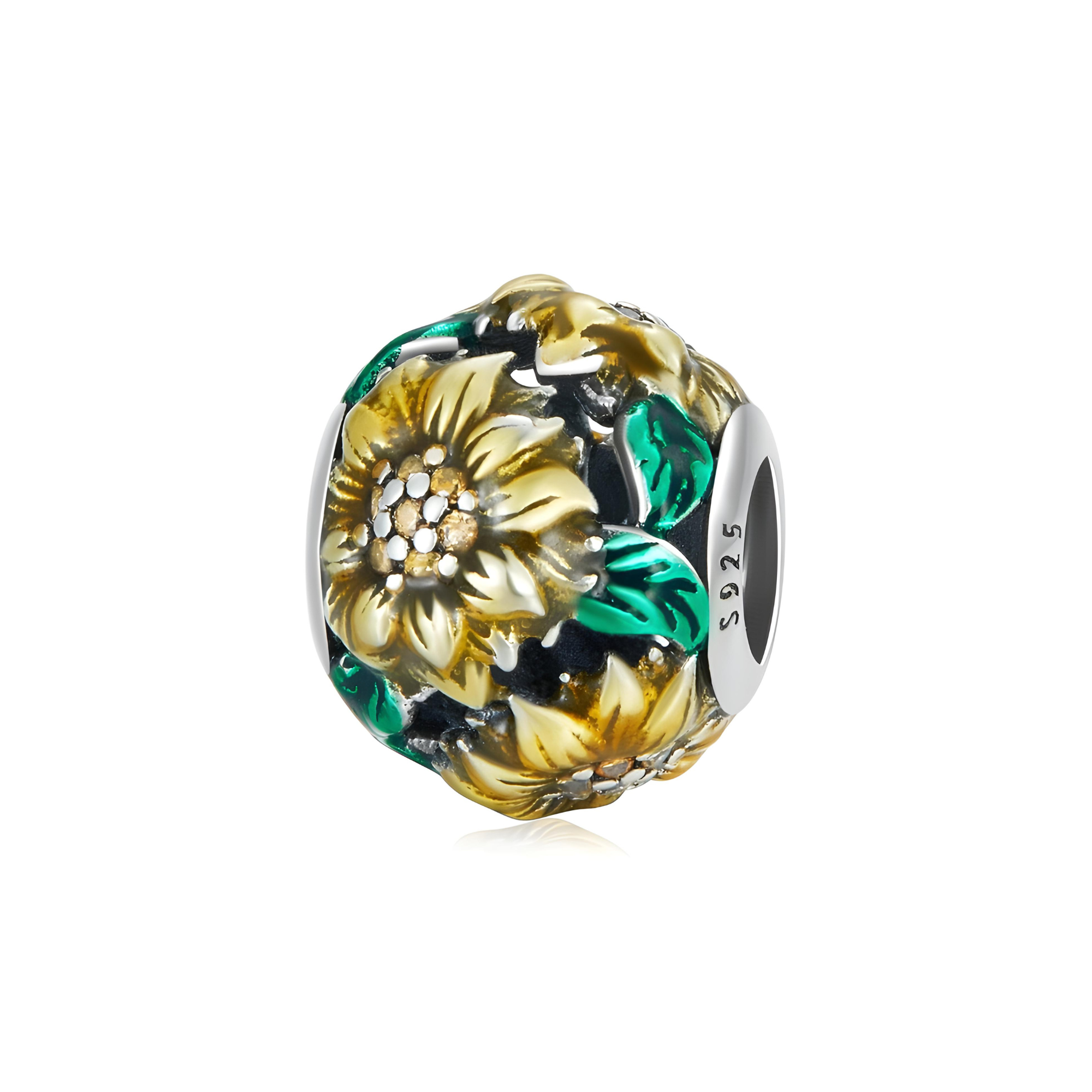 Sunflower Bead Charm - Sterling Silver & Enamel - Pandora Fitting Sunflower Charm - Charm For Pandora