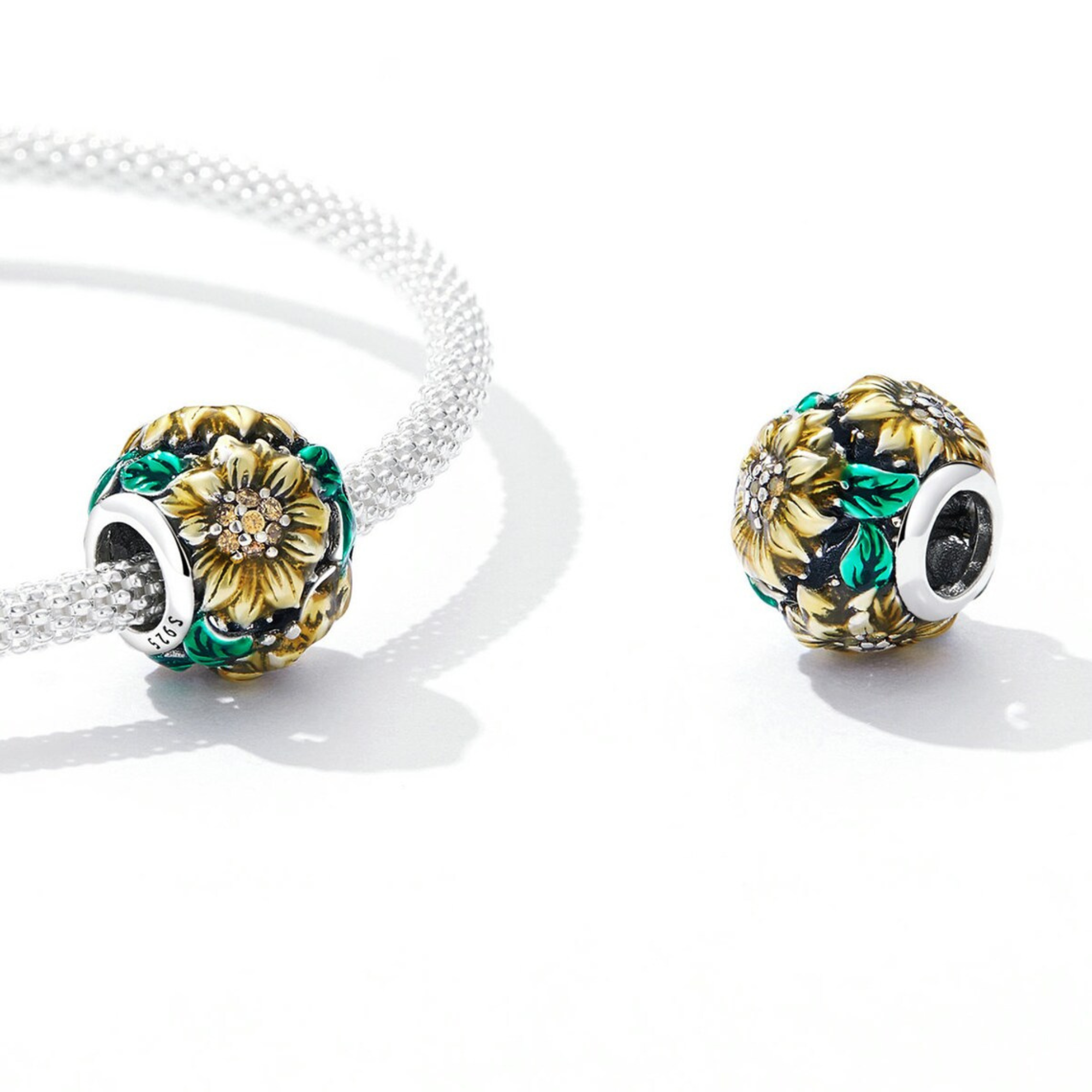 Sunflower Bead Charm - Sterling Silver & Enamel - Pandora Fitting Sunflower Charm - Charm For Pandora