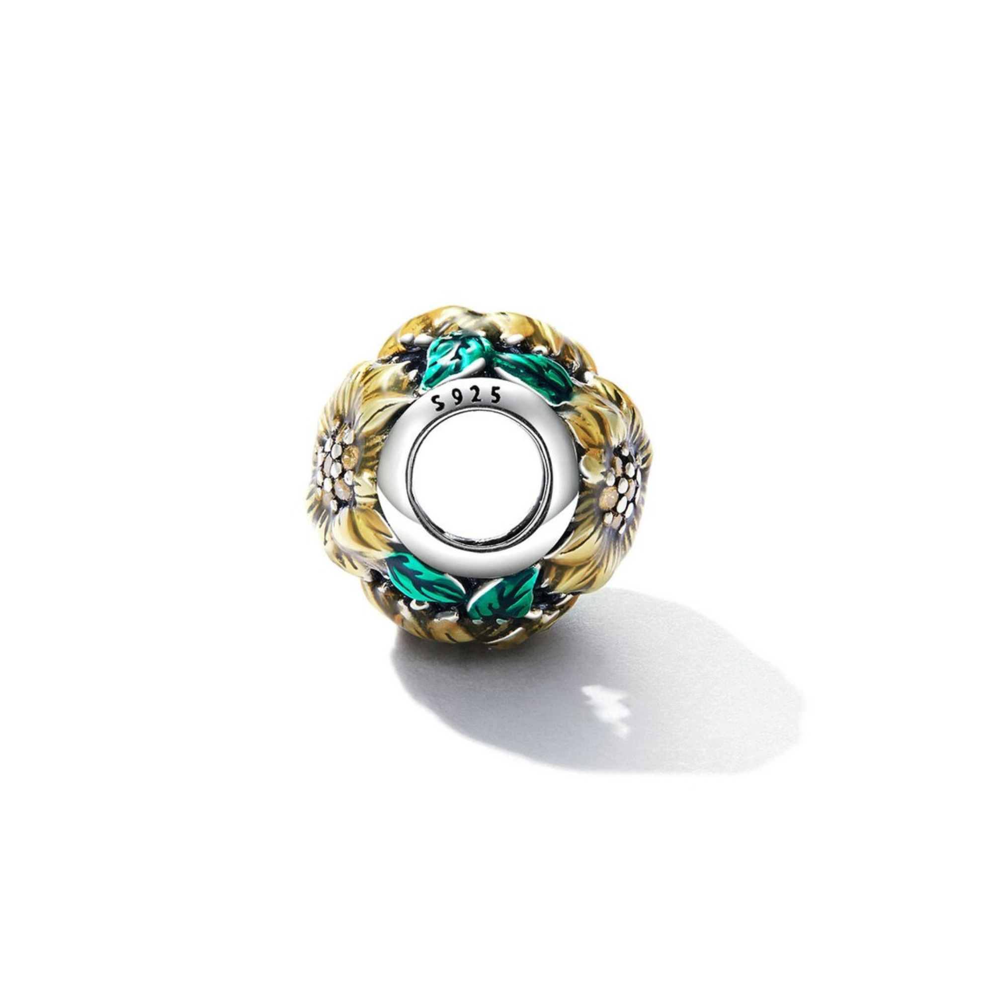 Sunflower Bead Charm - Sterling Silver & Enamel - Pandora Fitting Sunflower Charm - Charm For Pandora