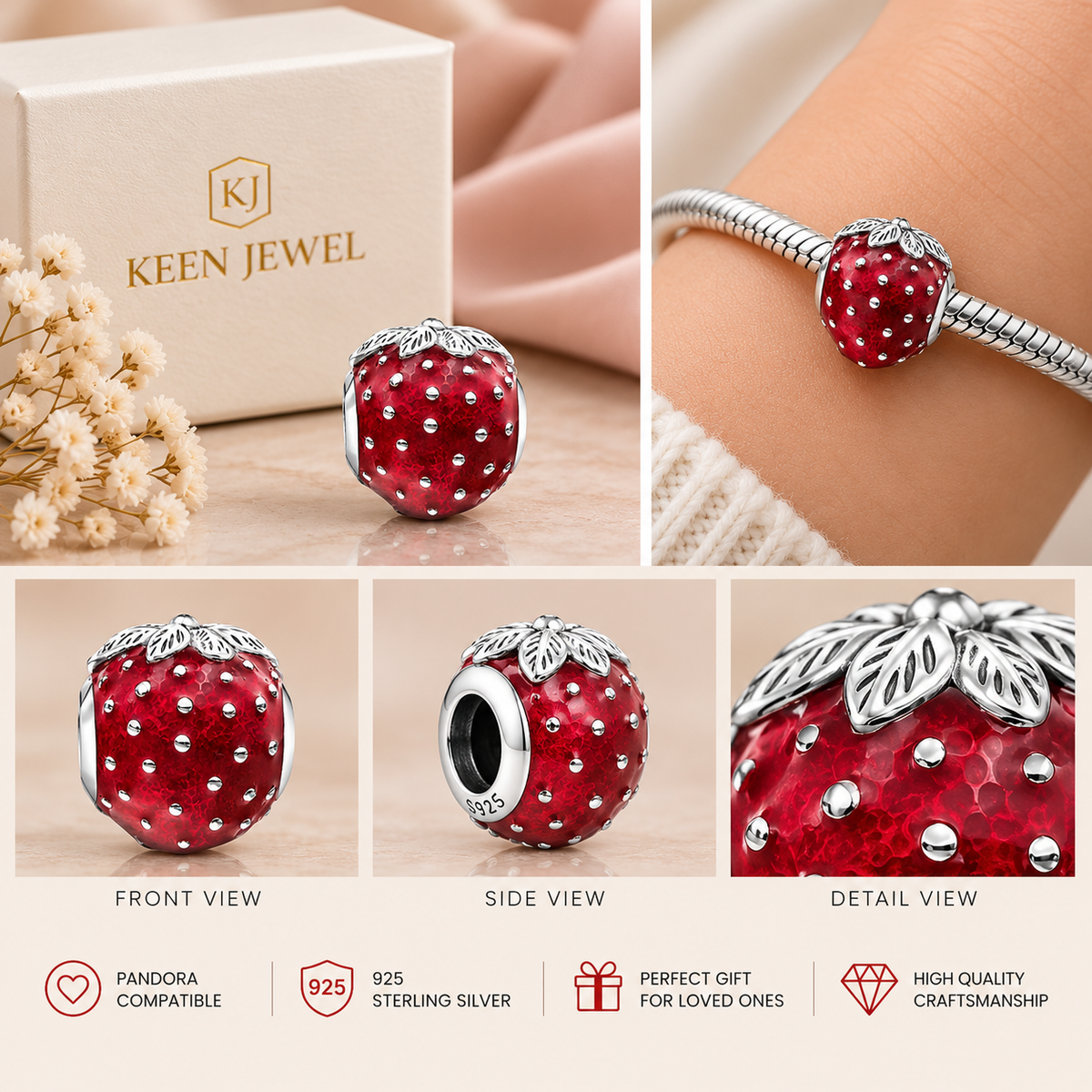 Strawberry Charm For Pandora Bracelet, Food Lover Jewelry Bead For Bracelet, Birthday Gifts For Her, Grandma Gifts, Christmas Gifts For Her