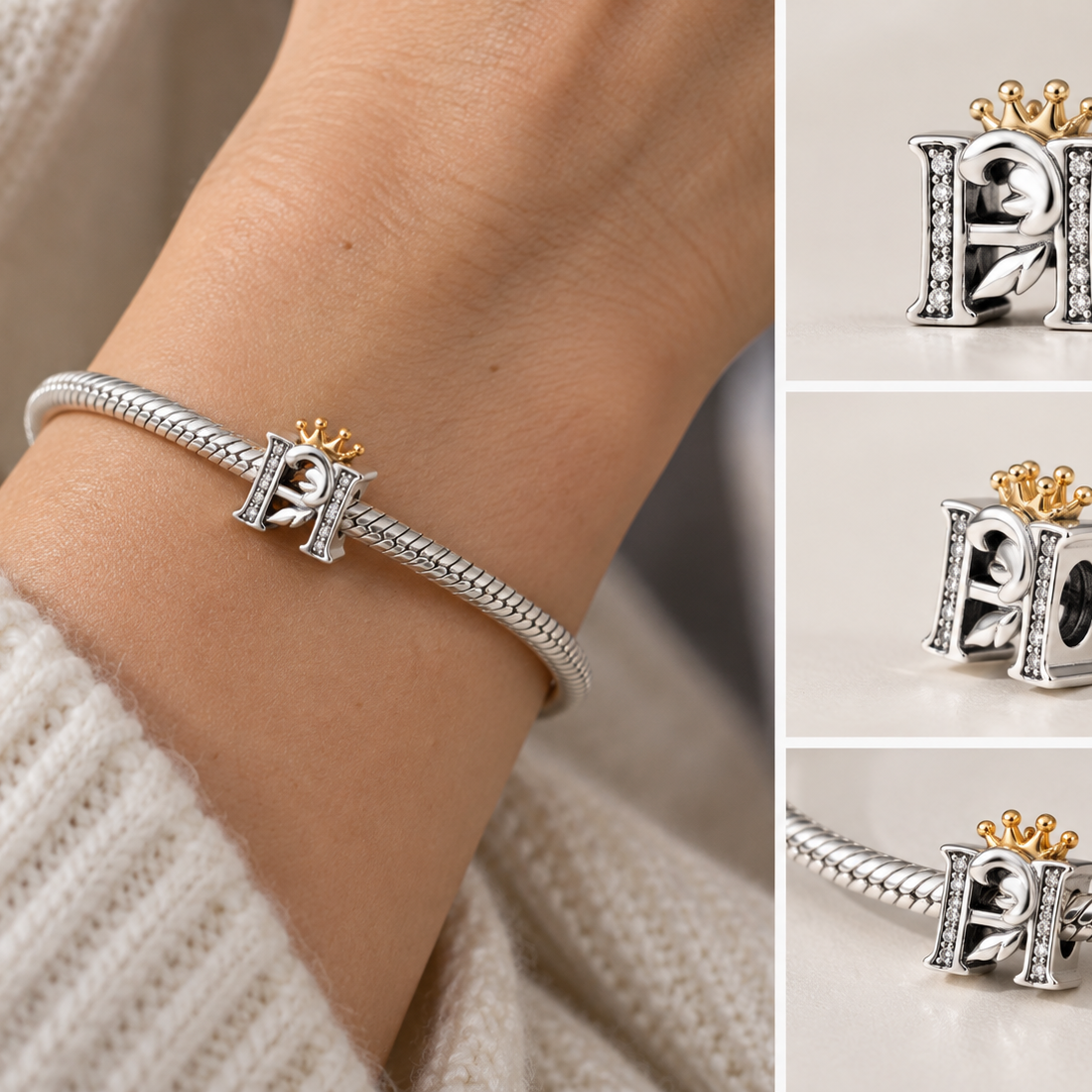 Silver H letter crown charm worn on a snake-chain charm bracelet, with close-up views