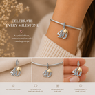 Silver bracelet with '40' charm worn on wrist, surrounded by text and additional views of the charm.
