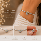 Silver bracelet with angel charm worn on wrist, surrounded by text and product details.