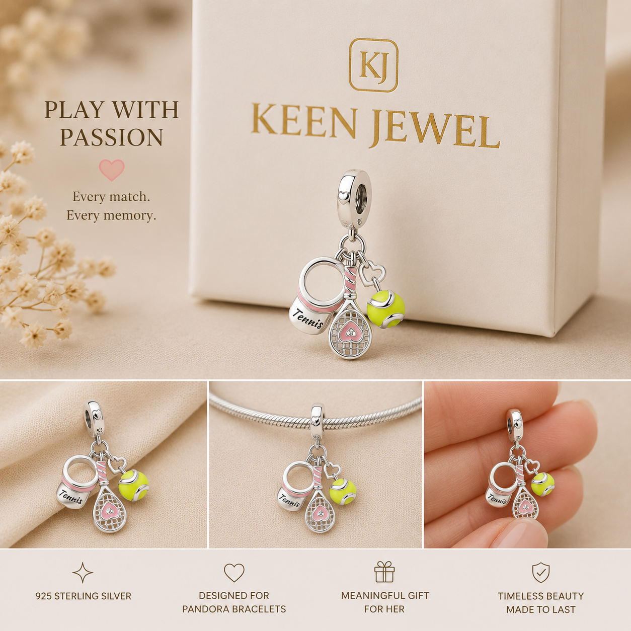 Tennis Charm For Pandora Bracelet - 925 Sterling Silver Tennis Charm
