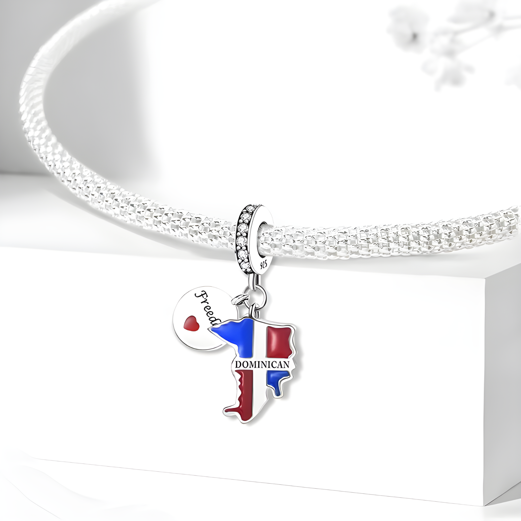 Dominican Republic Charm For Bracelet - 925 Sterling Silver Dominican Flag Charm