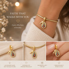 Gold bracelet with religious charm worn on wrist, surrounded by close-up shots and text about the product.