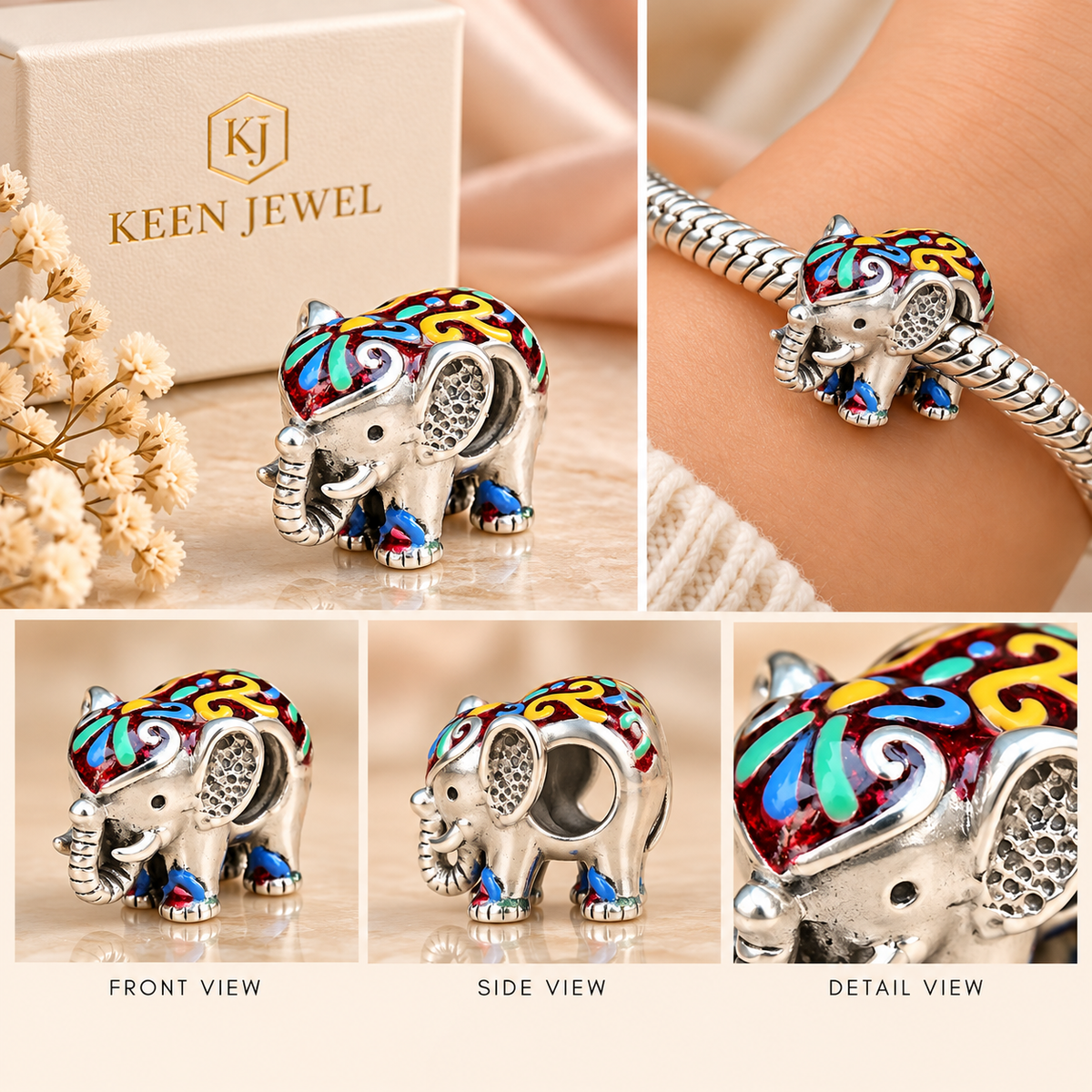 Colorful enamel elephant charm in silver shown from different angles