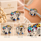Colorful enamel elephant charm in silver shown from different angles