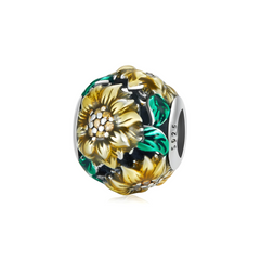 Sunflower Bead Charm - Sterling Silver & Enamel - Pandora Fitting Sunflower Charm - Charm For Pandora 