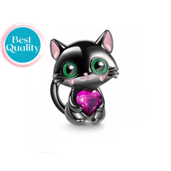 Heart Holding Black Cat Charm